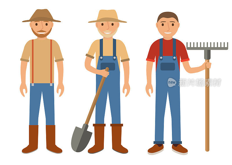 一组农民使用农具。Set men卡通人物flat风格。农民用铁锹、耙子、草帽。